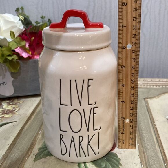 Rae Dunn Live Love Bark Dog Cookie Jar Red Lid Biscuits Treats - Picture 11 of 12